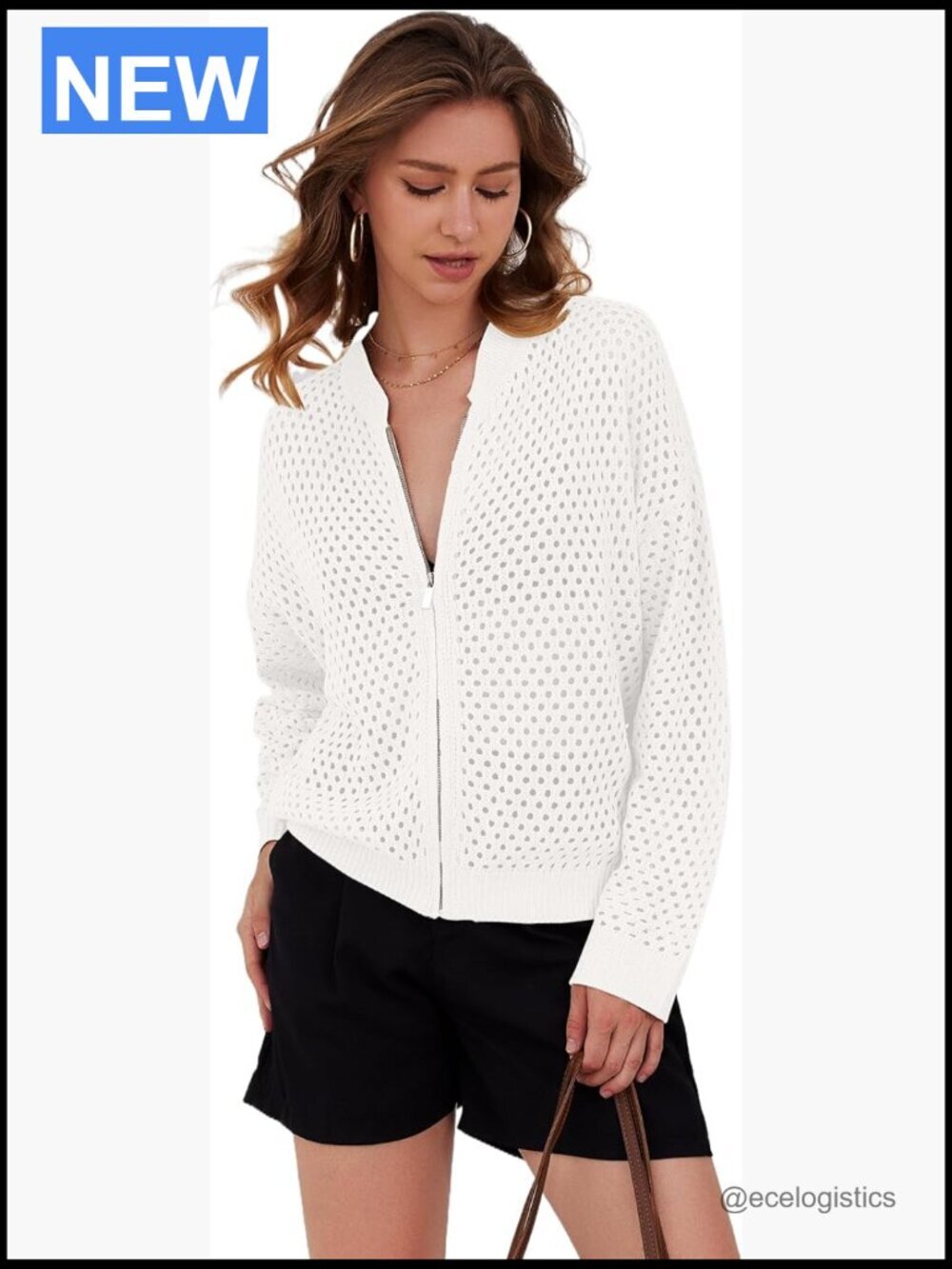 Zip Up Crochet Cardigan Oversized Long Sleeve Hollow Out Knit Bomber Jacket
